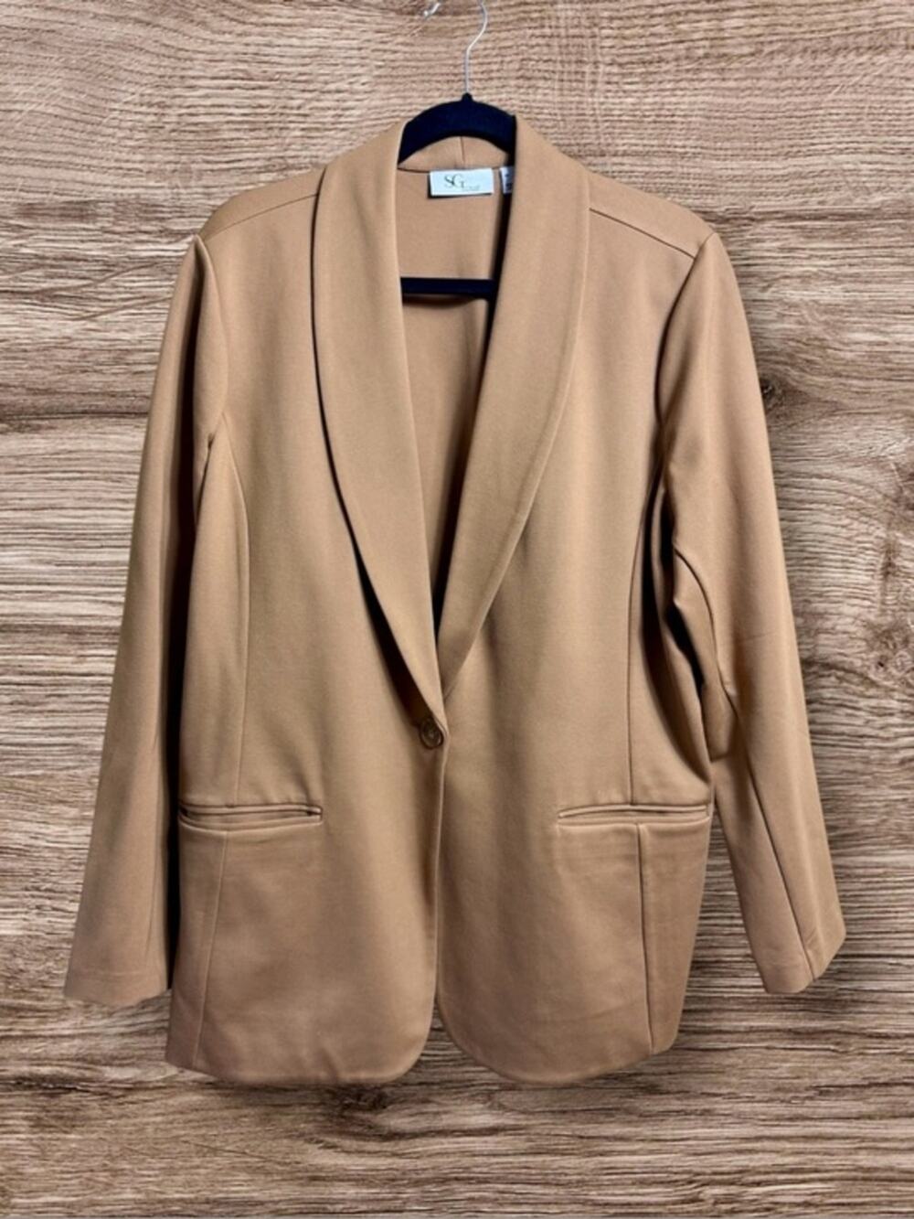 Susan Graver tailored Ponte knit Shawl collar jacket. Tan caramel brown XL.